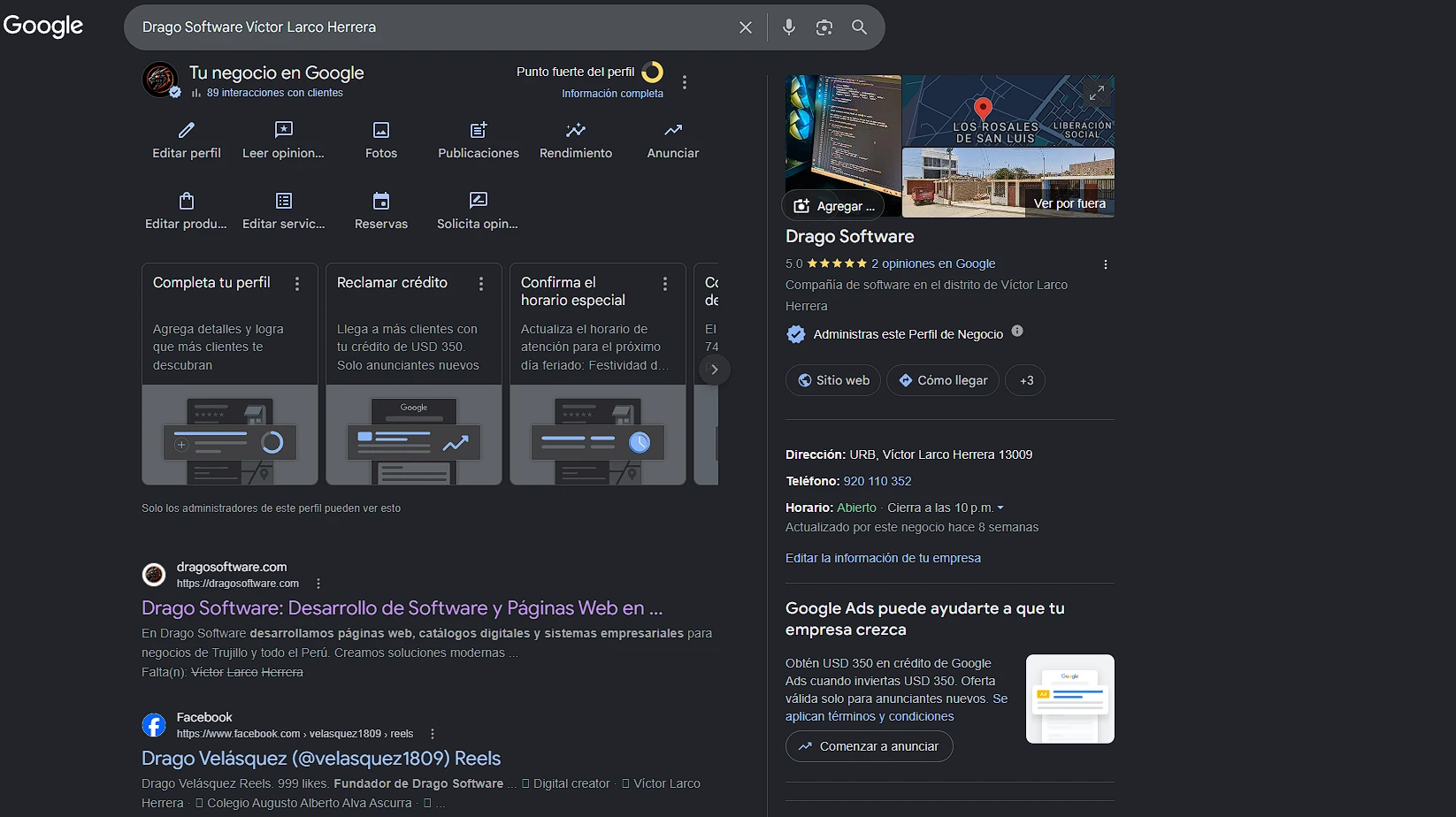 Captura de pantalla de los resultados de Google mostrando el perfil de negocio verificado de Drago Software con su ubicación, reseñas y sitio web.